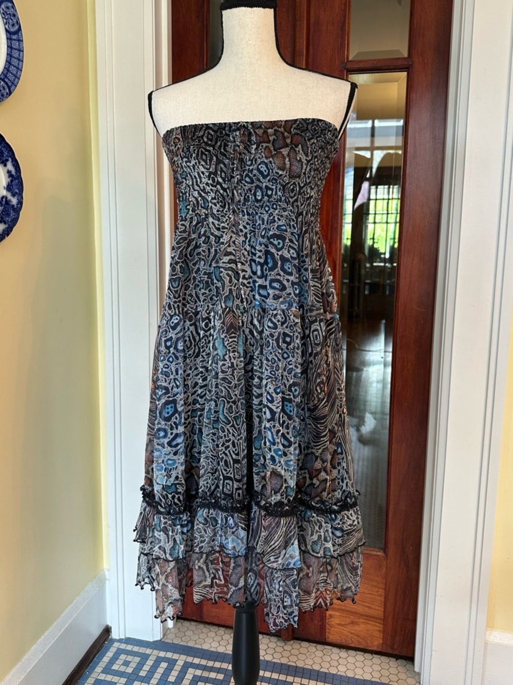 CIRANA | Smocked Tube Top Dress, Animal Print Boho Flowy Ruffle Hem, Size L